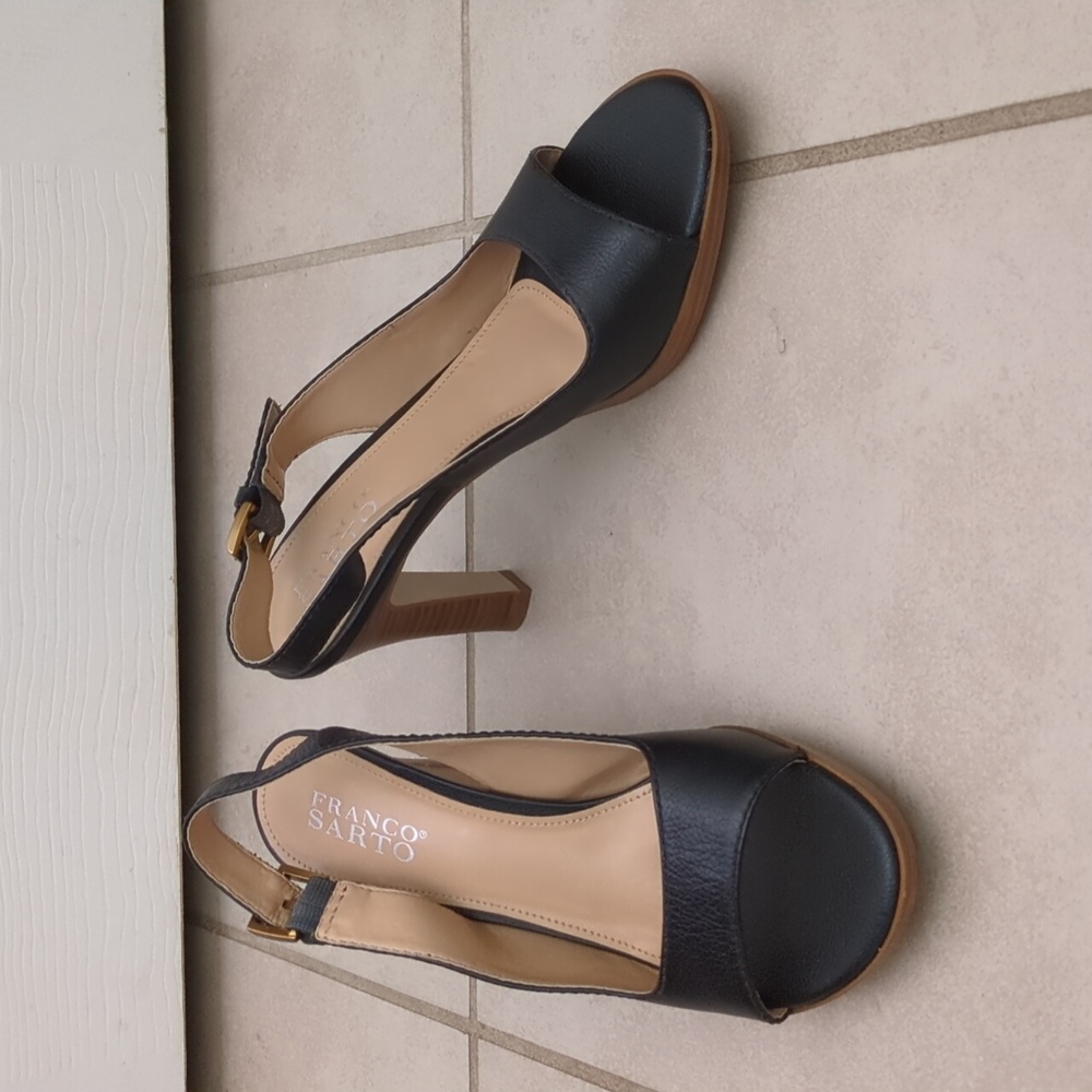 Franco Sarto Black and Tan Heeled Slingback Open Toe Shoes